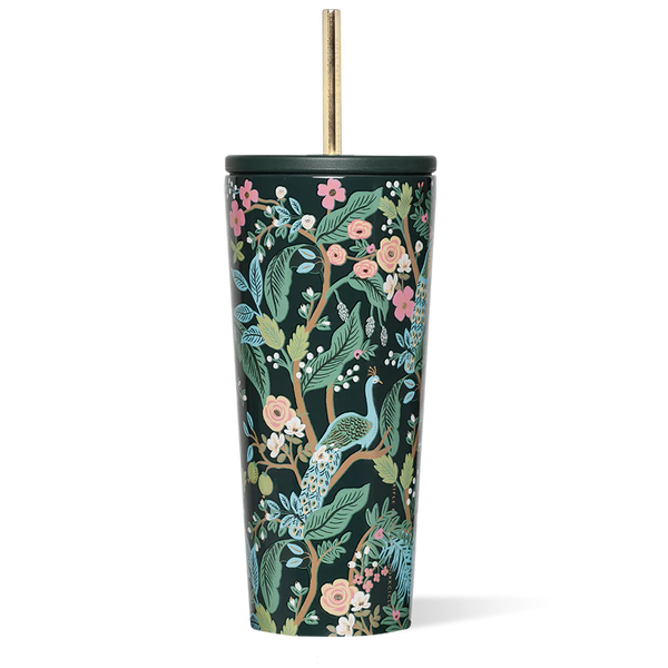 Tall cold cup with a colorful peacock and floral design on a dark background, perfect for refreshing drinks and enjoying a touch of nature-inspired style.