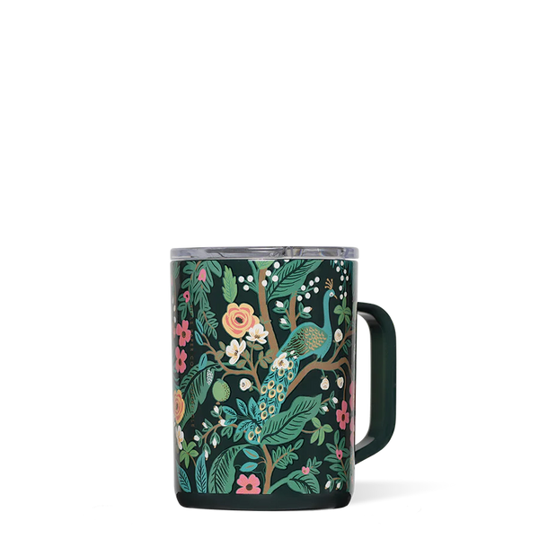 Dark green ceramic mug with a colorful peacock and floral design, featuring leaves and flowers on a branch, perfect for enjoying tea from the Charleston Tea Garden.