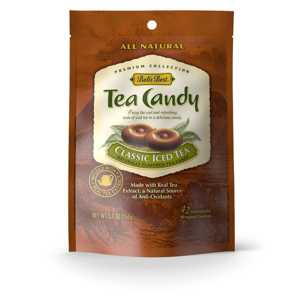 Package of all-natural classic iced tea flavored candy with real tea extract, highlighting a refreshing and antioxidant-rich treat.