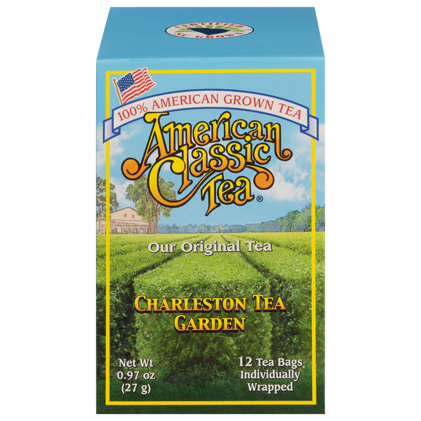 Box of American Classic Tea with an image of green tea fields under a blue sky, highlighting 100% American grown tea from Charleston Tea Garden with 12 individually wrapped tea bags inside.