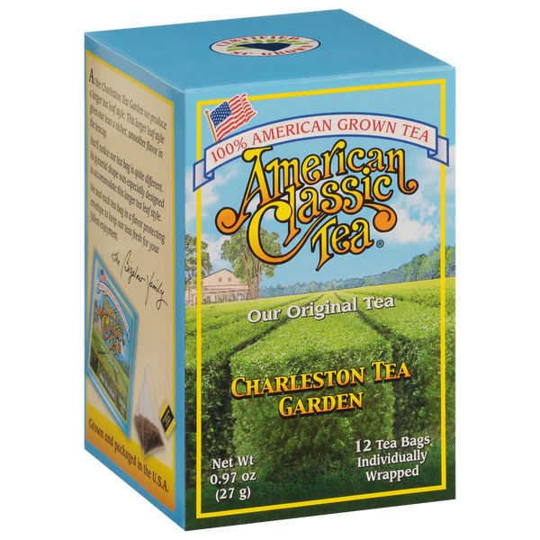 Box of American Classic Tea featuring bright packaging with a scenic view of lush tea fields from Charleston Tea Garden, highlighting 12 individually wrapped tea bags.