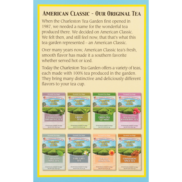 Display of eight different tea varieties from Charleston Tea Garden, highlighting their fresh, smooth flavors made with 100% garden-grown tea leaves.