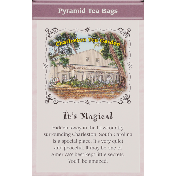 Packaging of pyramid tea bags featuring an illustration of a charming building surrounded by trees with text about the peaceful Lowcountry near Charleston, South Carolina.