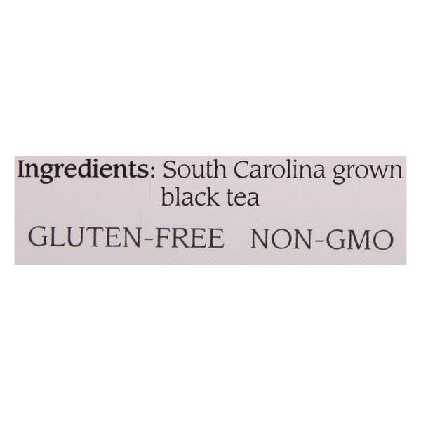 Close-up of a label listing ingredients as South Carolina grown black tea, noting that the product is gluten-free and non-GMO.