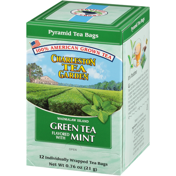 Box of Charleston Tea Garden green tea flavored with mint in pyramid tea bags, highlighting American-grown tea from Wadmalaw Island with fresh mint illustration.