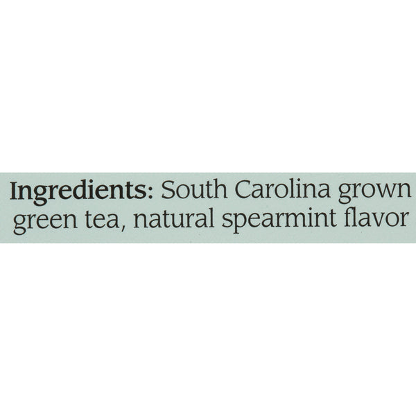Close-up of an ingredients label showing South Carolina grown green tea and natural spearmint flavor for a refreshing tea blend.