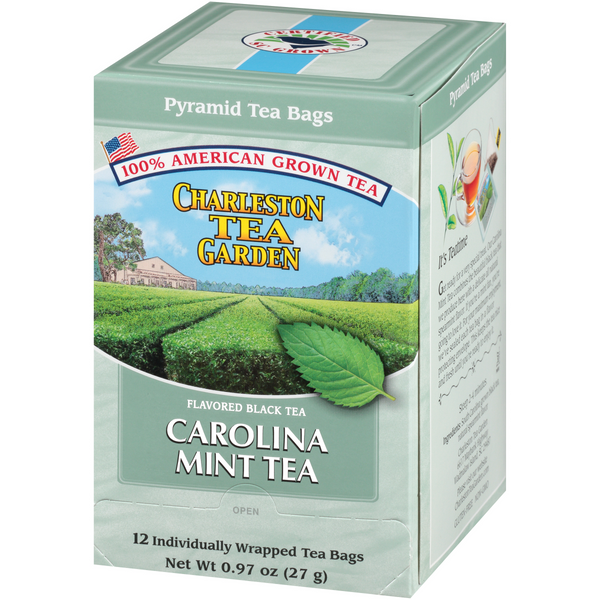 Box of Carolina Mint Pyramid tea bags from Charleston Tea Garden featuring flavored black tea made with 100% American grown tea leaves.