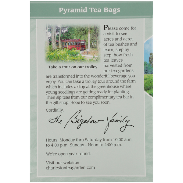 Informational card inviting visitors to tour the Charleston Tea Garden by trolley, explore tea fields, learn about tea leaf harvesting, and enjoy tea at the gift shop.