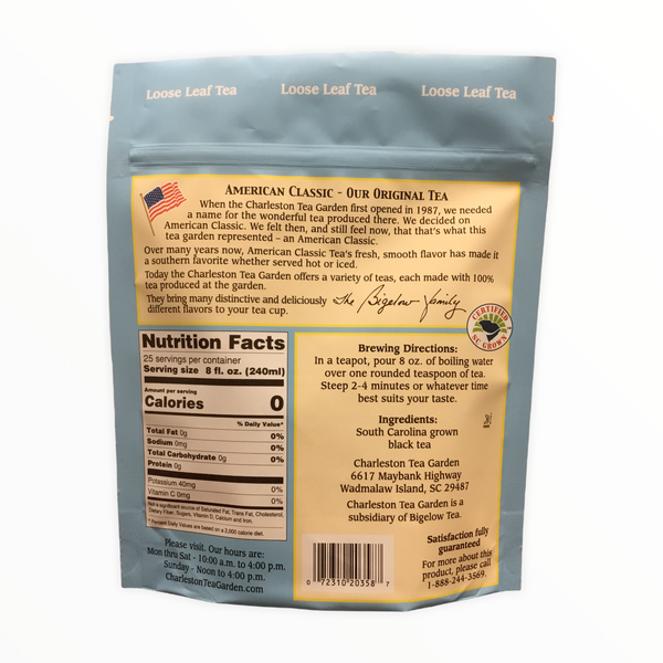 Back of American Classic Pouch showing nutrition facts, brewing directions for loose leaf tea, ingredients, and contact information with a subtle American flag detail.