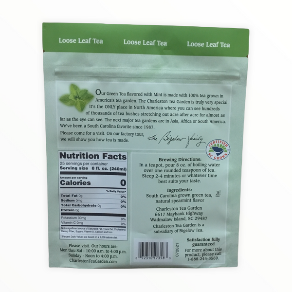 Green tea pouch with mint flavor, featuring brewing directions, nutrition facts, and a message inviting visitors to the Charleston Tea Garden for a tour and tea experience.