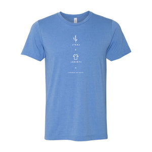 Heather blue casual short-sleeve t-shirt with a minimalist white graphic illustrating tea and a shirt, featuring a soft, comfortable fabric ideal for everyday wear.