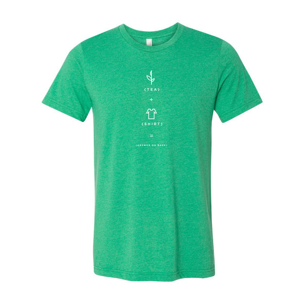 Heather green casual t-shirt with a simple white graphic and text featuring tea and shirt icons, perfect for fans of American Classic Tea and Charleston Tea Garden.