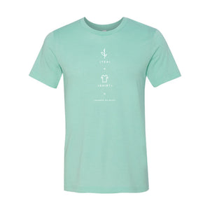 Heather mint green casual t-shirt featuring a simple white graphic design blending a tea leaf and shirt icon, perfect for comfortable everyday apparel and souvenirs.