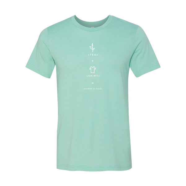 Heather mint green casual t-shirt featuring a simple white graphic design blending a tea leaf and shirt icon, perfect for comfortable everyday apparel and souvenirs.