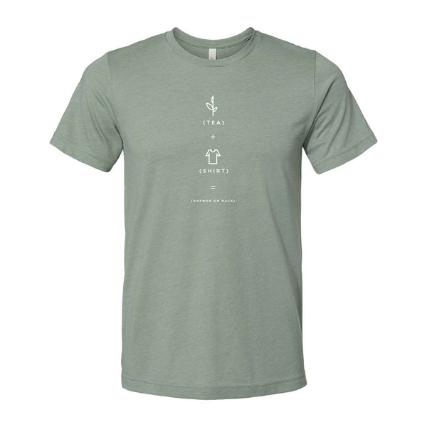 Heather sage green casual T-shirt with a simple tea-themed graphic on the front, blending comfort and a nod to American Classic Tea culture.