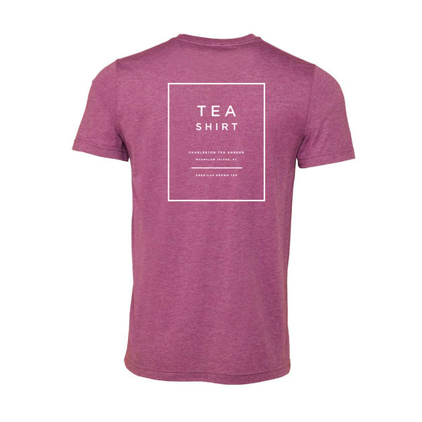 Heather magenta short-sleeve t-shirt featuring a simple white square graphic with text related to Charleston Tea Garden and American grown tea.