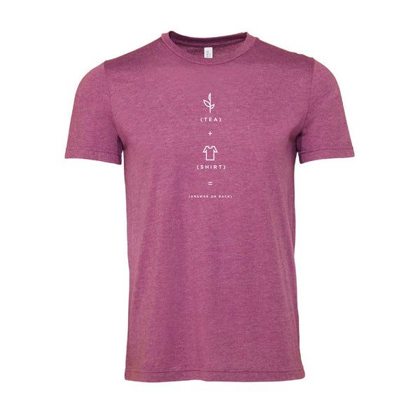 Heather magenta short-sleeve t-shirt featuring a minimalist tea-themed graphic design, perfect casual apparel for tea lovers and Charleston Tea Garden fans.