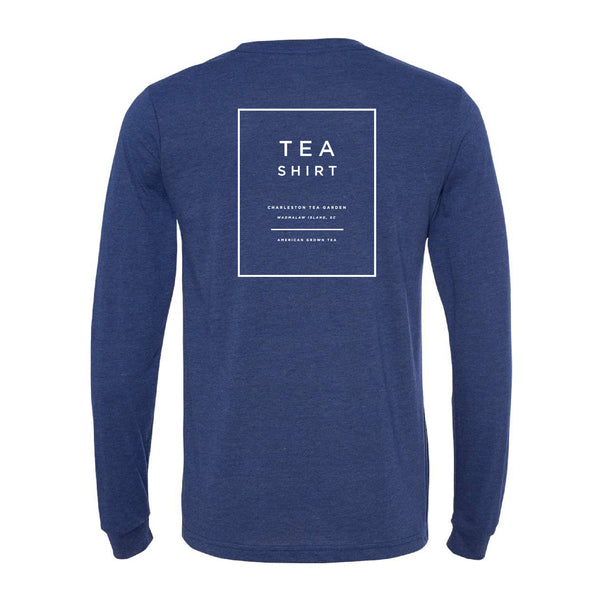 Back view of a comfortable long sleeve navy shirt featuring a minimalist tea-themed design promoting the Charleston Tea Garden and American Classic Tea.