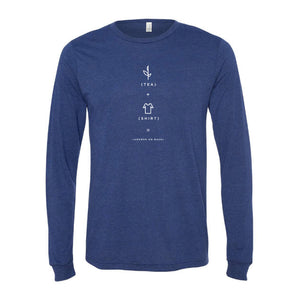 Long sleeve navy blue shirt with a simple white graphic design combining tea and a shirt illustration, perfect casual apparel inspired by Charleston Tea Garden.