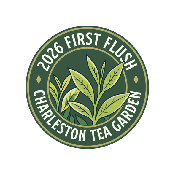 Round green badge featuring stylized tea leaves and text highlighting the 2026 first flush from Charleston Tea Garden, evoking fresh American classic tea heritage.