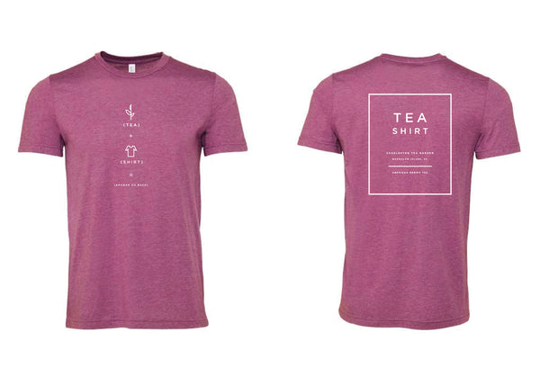 Heather magenta short-sleeve t-shirt featuring a minimalist tea-inspired design on the front and a boxed "TEA SHIRT" graphic on the back, perfect casual apparel.