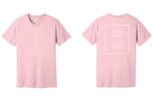 Light pink casual t-shirt with simple white graphic designs on front and back, featuring tea-themed artwork and text in a clean, modern style.