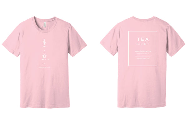 Light pink casual t-shirt with simple white graphic designs on front and back, featuring tea-themed artwork and text in a clean, modern style.