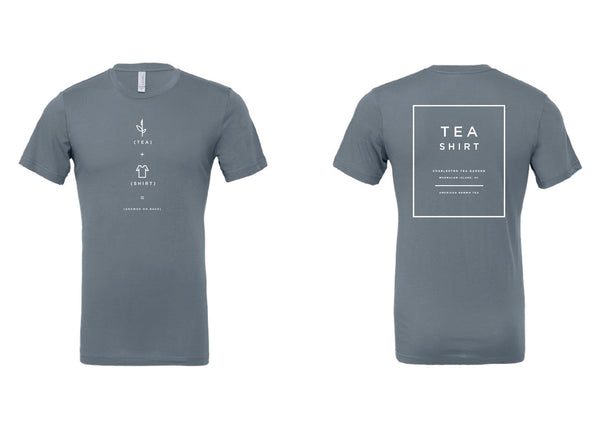 Front and back views of a heather slate gray T-shirt featuring minimalist tea-themed graphics and text inspired by American Classic Tea and Charleston Tea Garden.