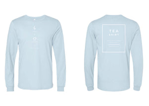 Light baby blue long sleeve shirt with simple white tea-themed graphics on front and back, comfortable casual apparel inspired by Charleston Tea Garden style.