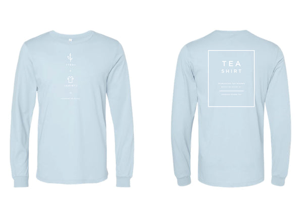 Light baby blue long sleeve shirt with simple white tea-themed graphics on front and back, comfortable casual apparel inspired by Charleston Tea Garden style.
