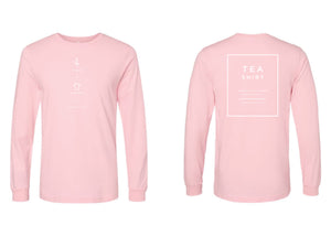 Front and back views of a soft pink long sleeve shirt featuring minimalist white tea-inspired graphics and text, perfect casual apparel for tea enthusiasts.