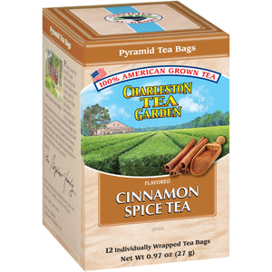 Box of cinnamon spice flavored pyramid tea bags with an illustration of tea fields, cinnamon sticks, and a scoop of ground cinnamon in a warm, inviting design.