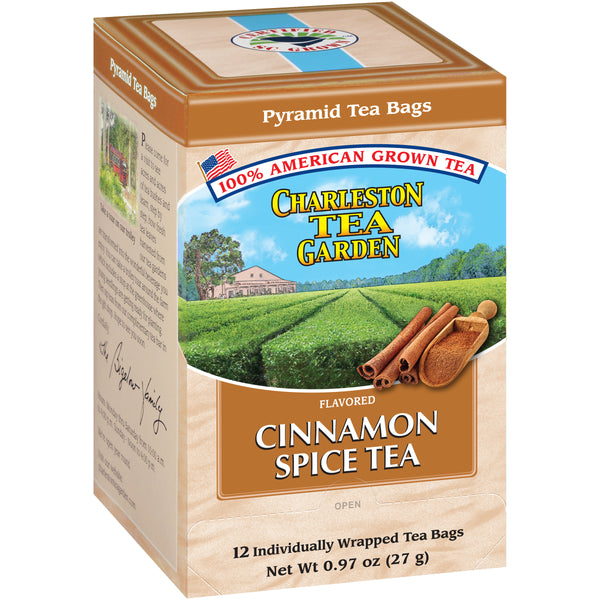 Box of cinnamon spice flavored pyramid tea bags with an illustration of tea fields, cinnamon sticks, and a scoop of ground cinnamon in a warm, inviting design.