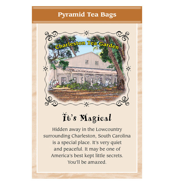 Illustration of Charleston Tea Garden with a cozy building surrounded by trees and gardens, accompanied by a description highlighting the peaceful and magical Lowcountry setting.