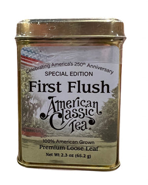 Tin of First Flush American Classic Tea with gold lid and label.
