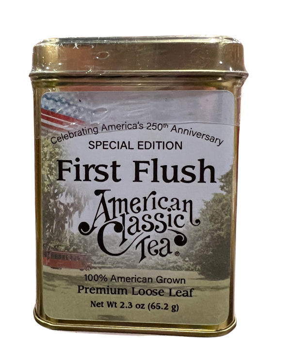 Tin of First Flush American Classic Tea with gold lid and label.