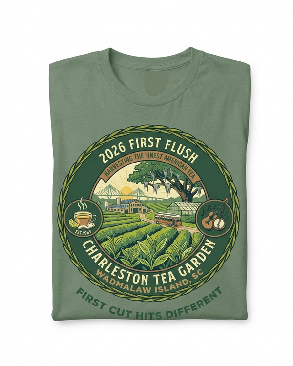 Green t-shirt with Charleston Tea Garden graphic and text on a white background