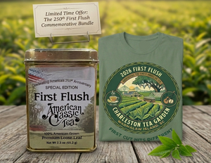 American Classic Tea canister and t-shirt with tea garden design on a wooden surface.