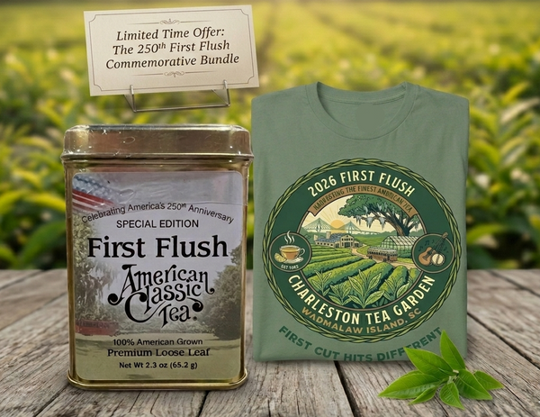 American Classic Tea canister and t-shirt with tea garden design on a wooden surface.