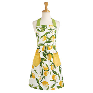 Apron featuring bright yellow lemons and green leaves on a white background with solid yellow pockets and green neck strap, perfect for cheerful kitchen apparel.