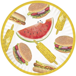 Round serving platter with colorful illustrations of hamburgers, hot dogs, corn on the cob, and a slice of watermelon, perfect for summer BBQs and outdoor gatherings.