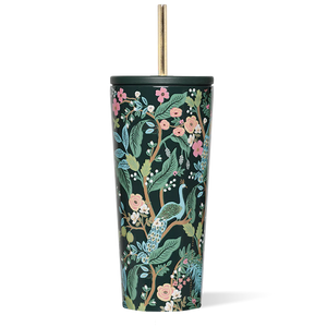 Tall cold cup with a colorful peacock and floral design on a dark background, perfect for refreshing drinks and enjoying a touch of nature-inspired style.