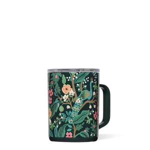 Dark green ceramic mug with a colorful peacock and floral design, featuring leaves and flowers on a branch, perfect for enjoying tea from the Charleston Tea Garden.