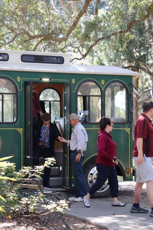 An image of a trolley tour at Charleston Tea Garden and Charleston tea plantation.