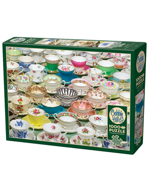 Box featuring a colorful assortment of vintage tea cups with floral and decorative patterns, inviting a relaxing puzzle experience inspired by tea culture.