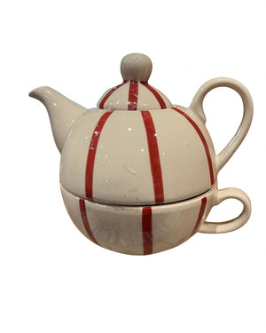 Cream-colored stoneware tea set with vertical red stripes, featuring a teapot with a curved handle and matching mug below, ideal for a cozy single-serve tea experience.