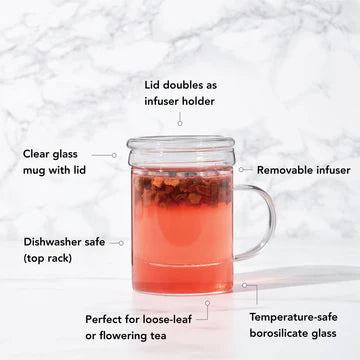 Clear glass tea mug with removable infuser and lid that doubles as infuser holder, made from temperature-safe borosilicate glass, ideal for steeping loose-leaf or flowering tea.