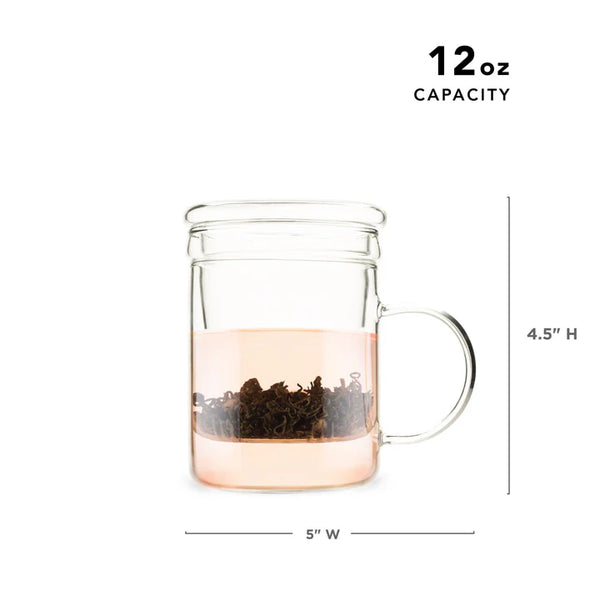 Clear glass tea infuser mug with loose tea leaves steeping in light pink liquid, shown with dimensions indicating 12 oz capacity and compact size.