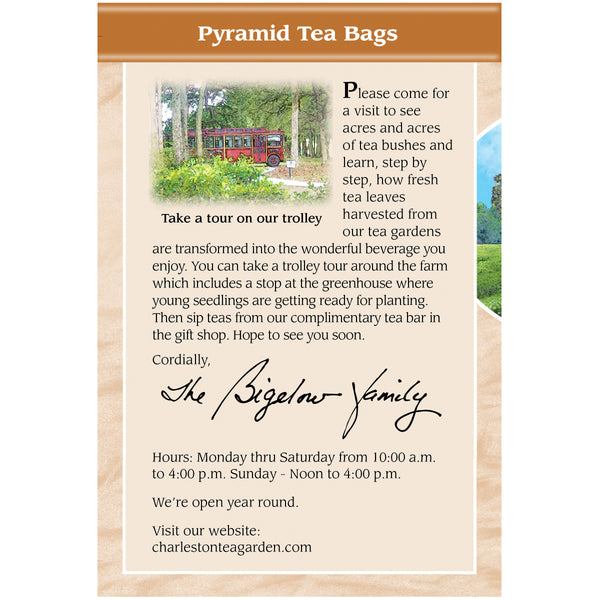 Informational card inviting visitors to tour lush tea gardens by trolley, learn about tea harvesting and enjoy complimentary tea at the Charleston Tea Garden gift shop.