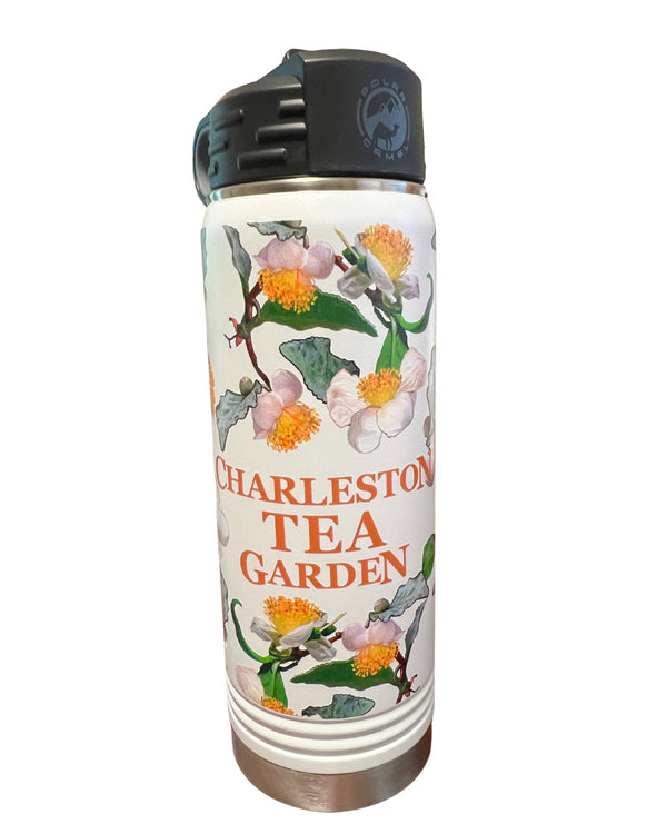 Insulated water bottle featuring colorful tea flower illustrations and "Charleston Tea Garden" text with a black screw-on lid and built-in straw.